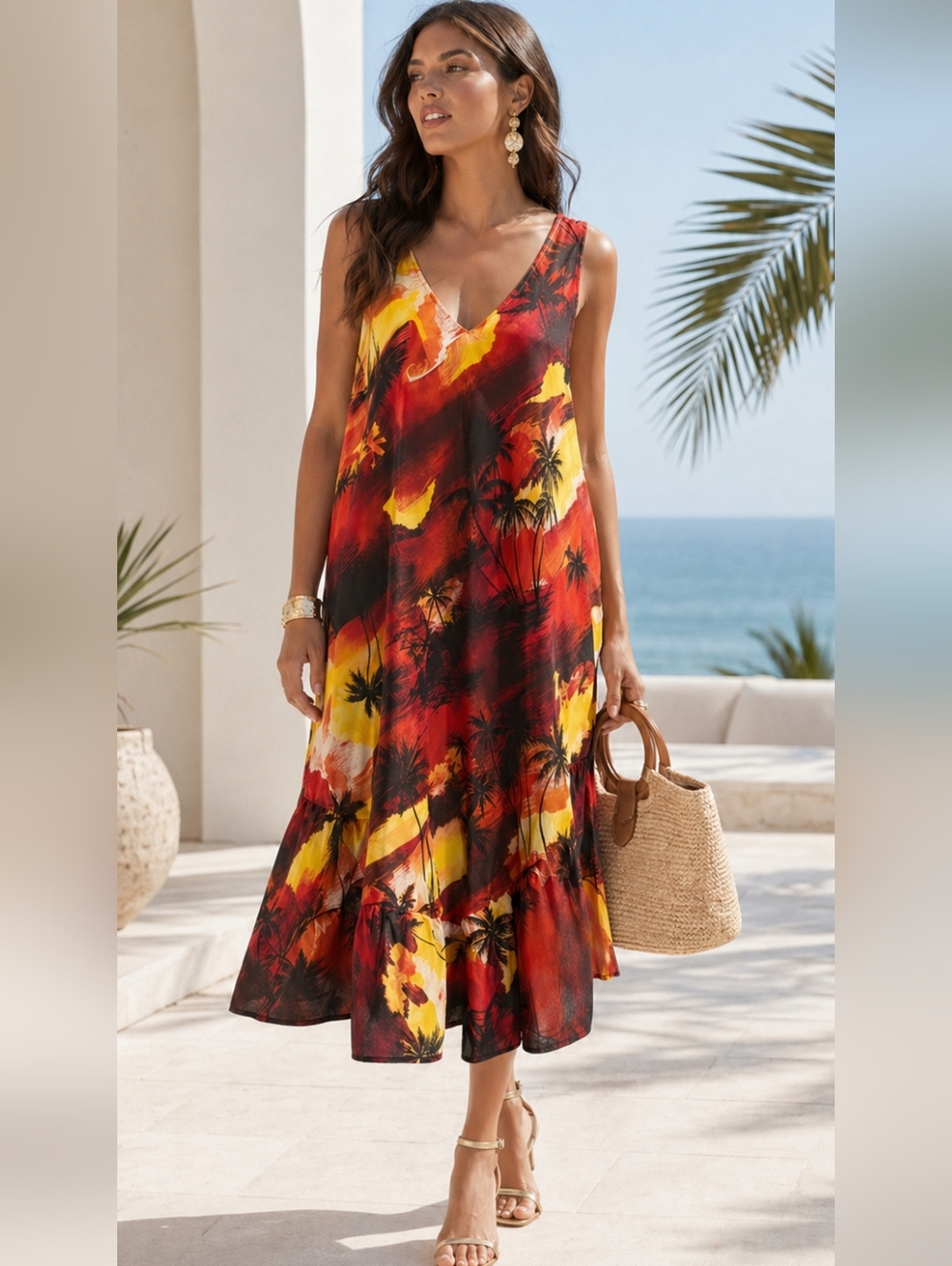 Vintage Helena's Vibrant Palm Print Midi Dress. Size XL.Like New. Made in Hawaii